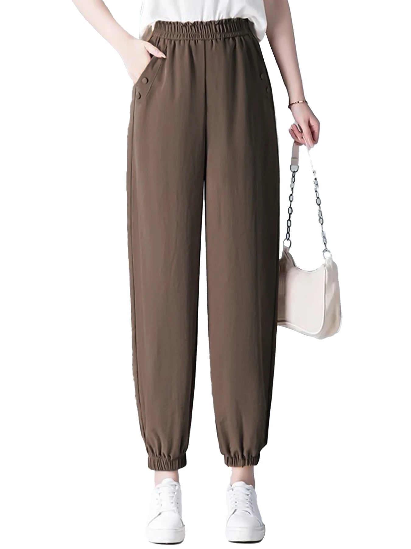 Women's Casual Pants Elastic Waist Solid Color Pockets