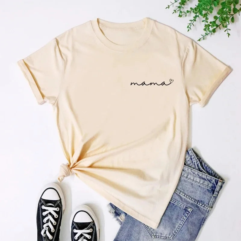 Mama Heart Pocket Print T-Shirt Cute Mother's Day Gift Shirt Camiseta Stylish Cool Mom Grunge Tee Top Summer Women‘s Y2K Clothes