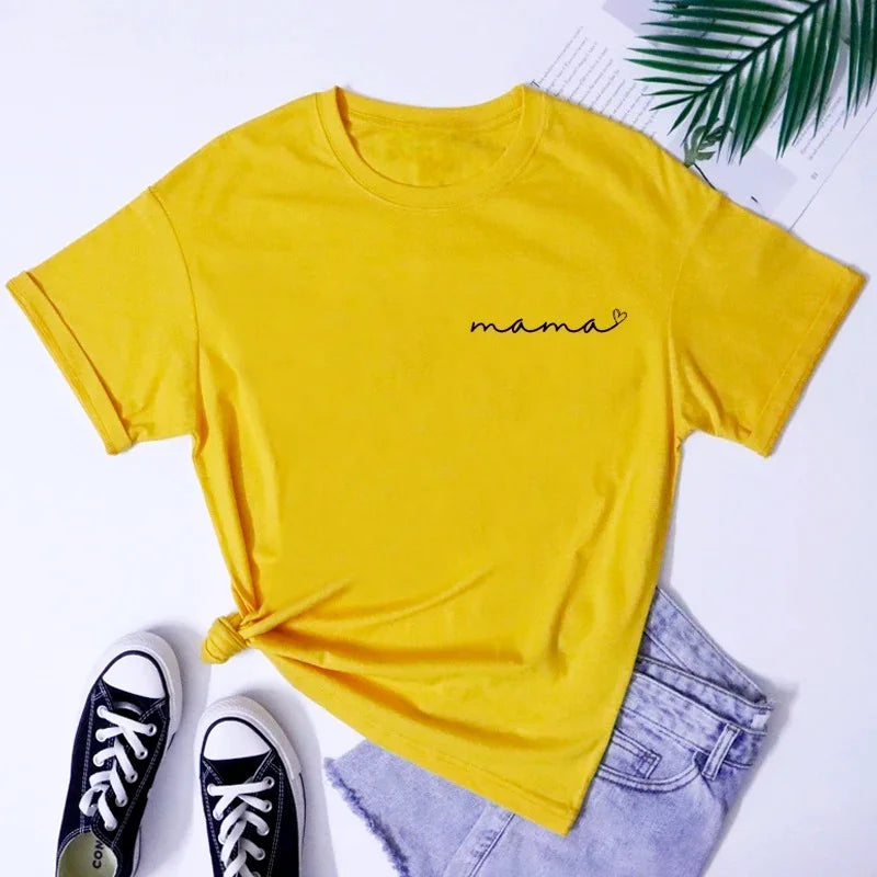 Mama Heart Pocket Print T-Shirt Cute Mother's Day Gift Shirt Camiseta Stylish Cool Mom Grunge Tee Top Summer Women‘s Y2K Clothes