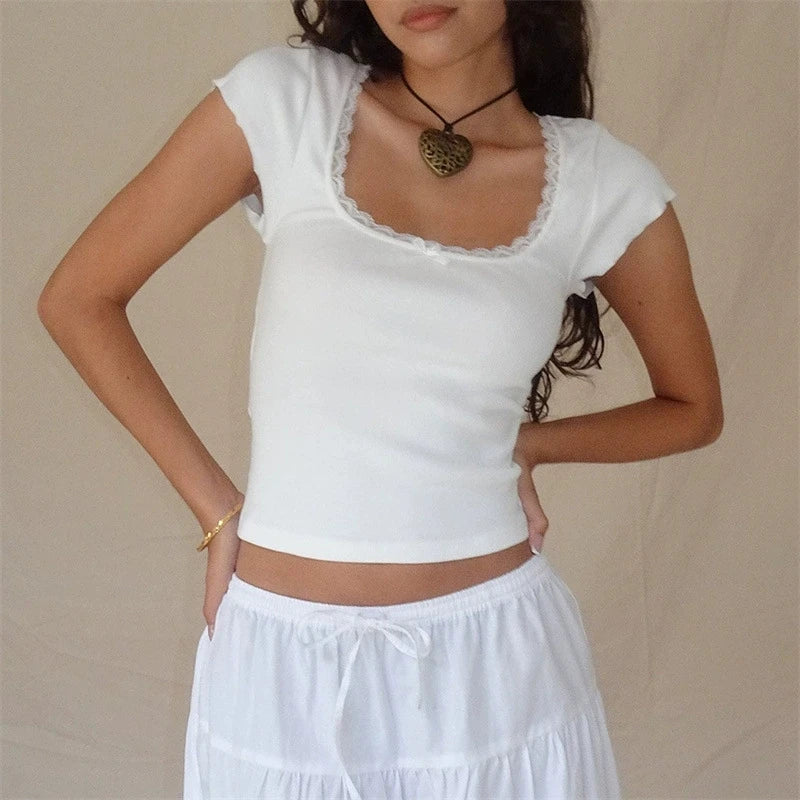 Women's Vintage Baby Tee Cottage Lace Trim Knitted T-Shirt, White Milkmaid Crop Top, Short Sleeve Tee Shirt, Summer, Y2K