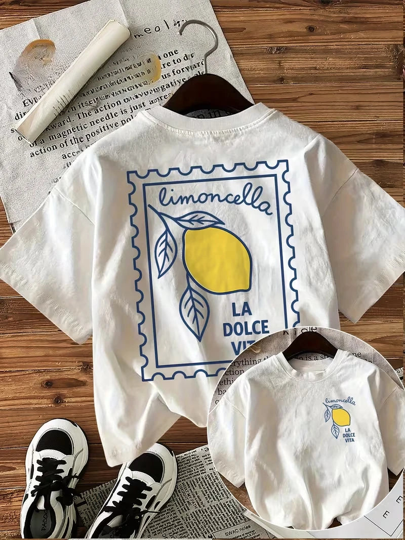 Lady's T-shirt Bright Lemon Graphic Print T-shirt Short Sleeve Crew Neck Casual Top for Summer Spring Women's Clothing