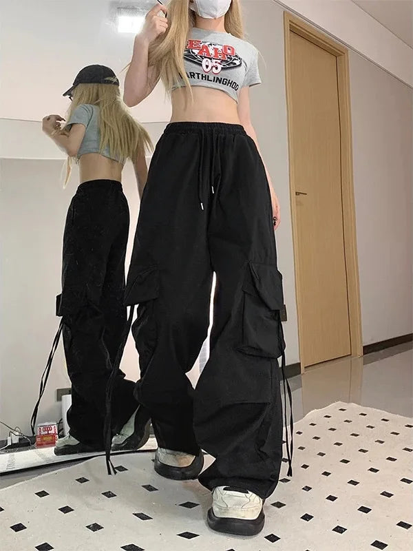 SweatPants Women Vintage Cargo Pants Fashion Elastic Waist Retro Oversized Solid Wide Leg Pant Casual Streetwear Baggy Trousers