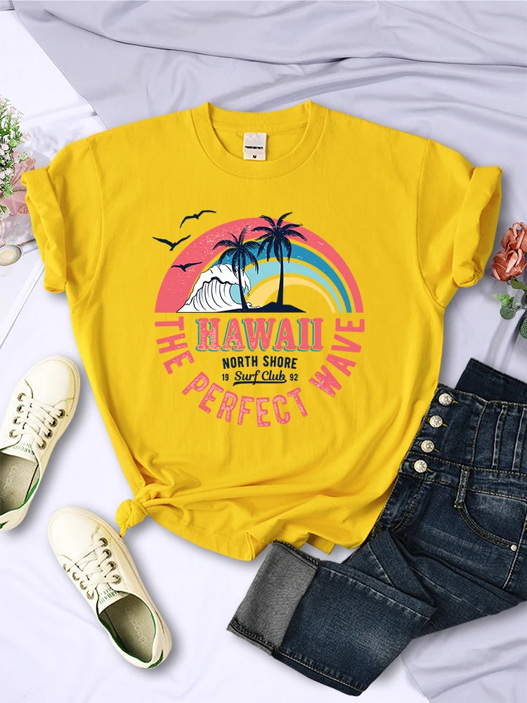 Hawaii The Perfect Wave Womens Tshirt Summer Breathable Casual T Shirt Fashion Soft Tops Hip Hop Oversize Fashion T Shirt Women