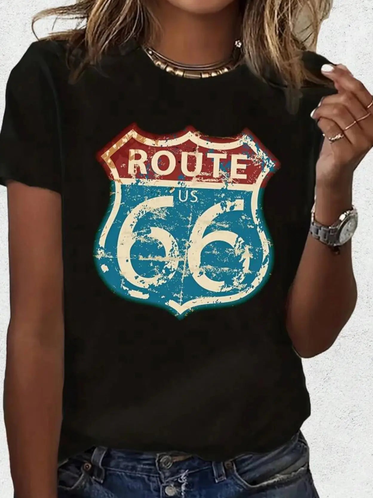 Women's short-sleeved round-neck casual T-shirt with the ROUTE 66 letter pattern printed on it