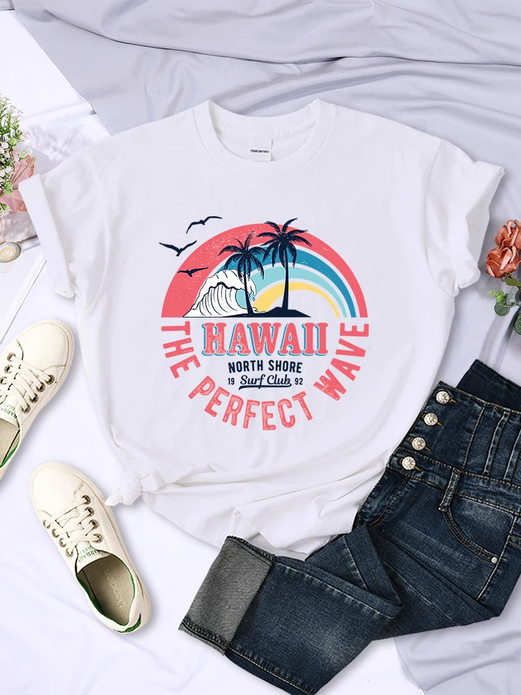 Hawaii The Perfect Wave Womens Tshirt Summer Breathable Casual T Shirt Fashion Soft Tops Hip Hop Oversize Fashion T Shirt Women