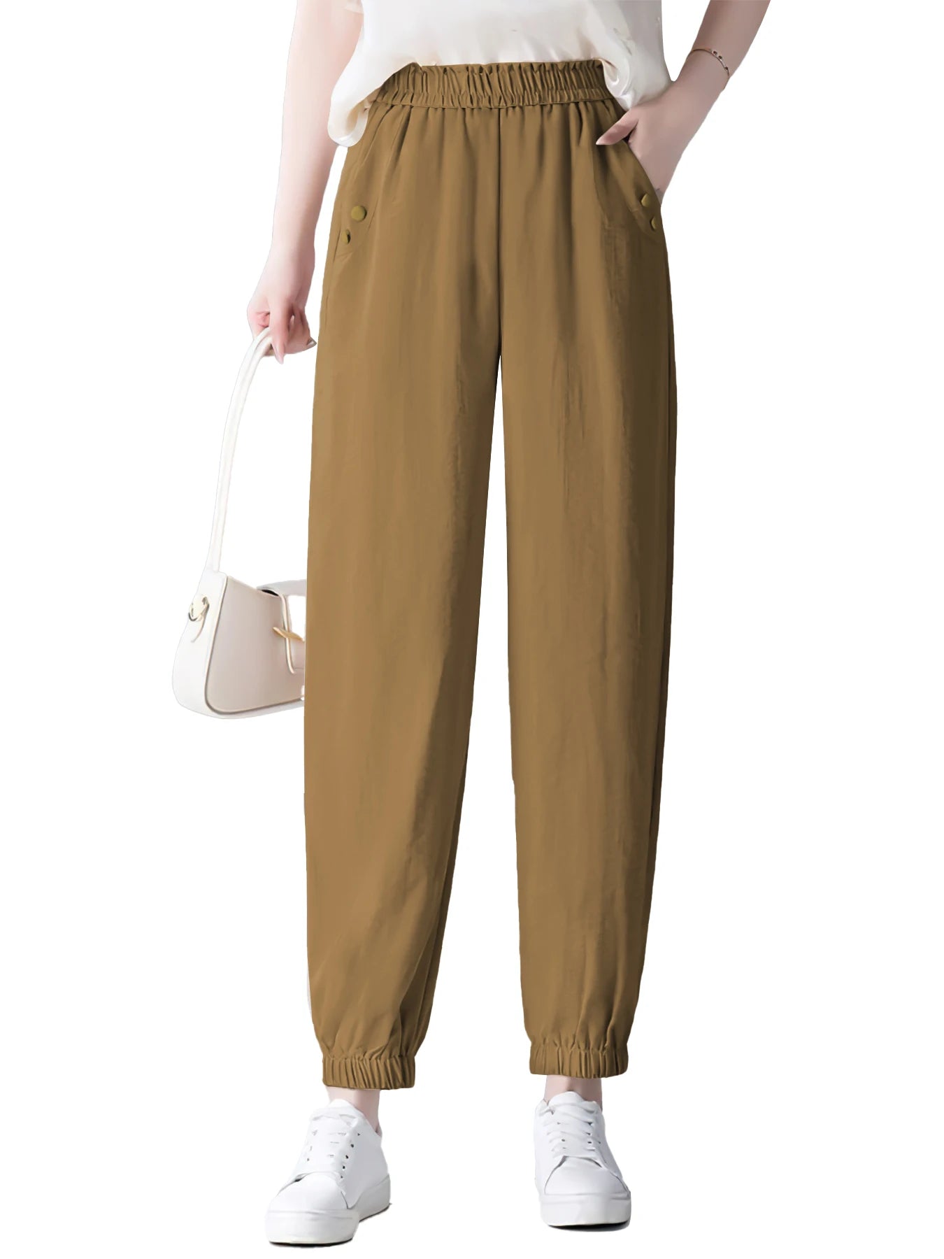 Women's Casual Pants Elastic Waist Solid Color Pockets