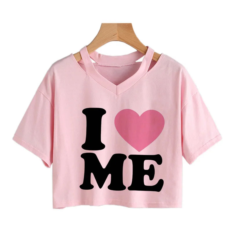 Women's Letter I Love Me Print Short Sleeve Crop Tops for Summer and Spring 90s Y2K Style Cropped T Shirt Clothes