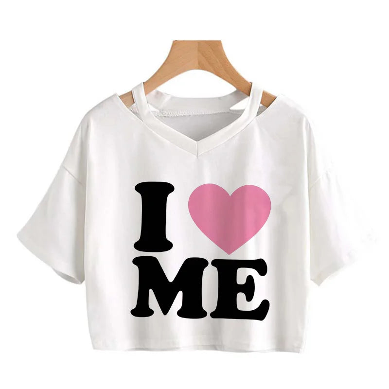 Women's Letter I Love Me Print Short Sleeve Crop Tops for Summer and Spring 90s Y2K Style Cropped T Shirt Clothes
