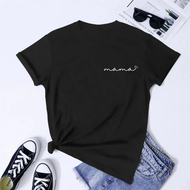 Mama Heart Pocket Print T-Shirt Cute Mother's Day Gift Shirt Camiseta Stylish Cool Mom Grunge Tee Top Summer Women‘s Y2K Clothes